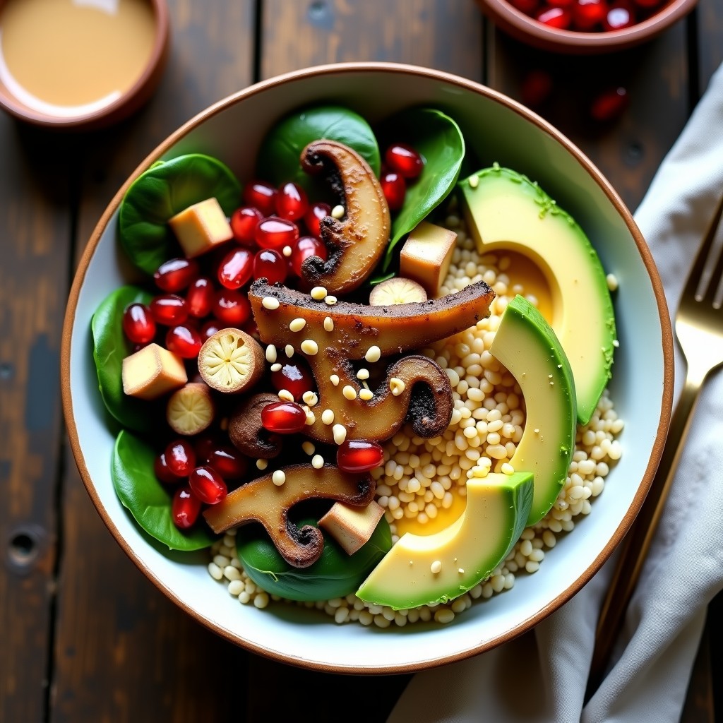 Bowl hondo de cerámica blanca con mijo esponjoso, puerros asados dorados en rodajas gruesas, champiñones portobello caramelizados y aguacate en cubos. Decorado con brotes de rábano, semillas de sésamo y aderezo de tahini cremoso. Plato vegano y sin gluten con texturas contrastadas.