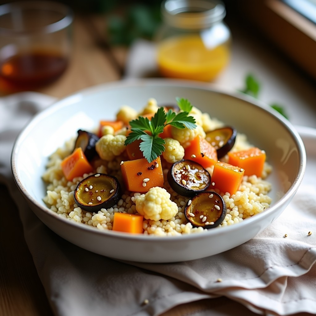 Bowl de mijo cocido con vegetales asados (calabaza, berenjena y coliflor) y aderezo de mostaza y miel. Receta sin gluten en un plato hondo de cerámica blanca.
