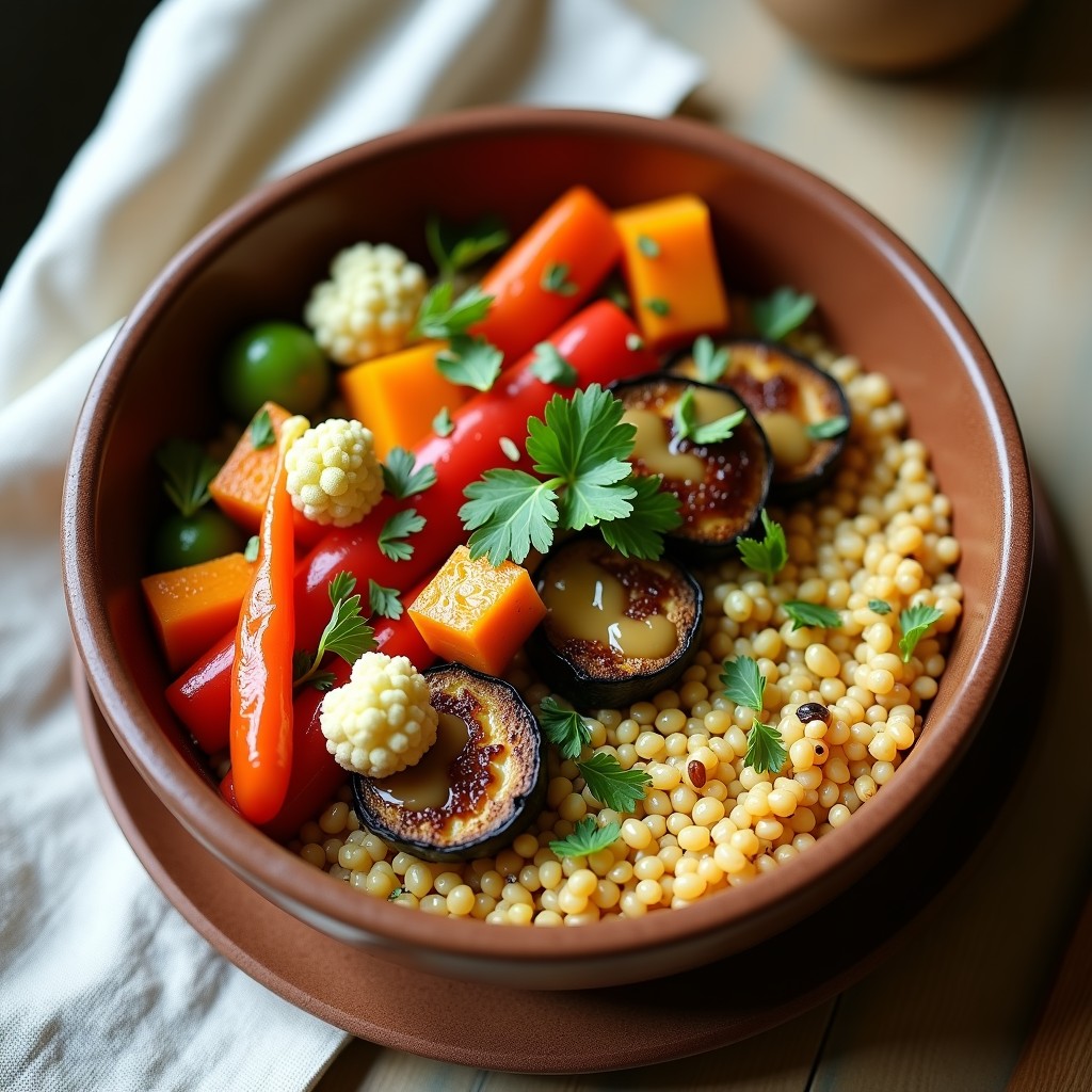 Bowl de mijo dorado con vegetales asados coloridos (calabaza, berenjena, coliflor, zanahoria y pimiento) cubiertos de una salsa cremosa de tahini y limón, decorado con semillas de girasol y cilantro fresco. Receta vegana y antiinflamatoria lista para servir.