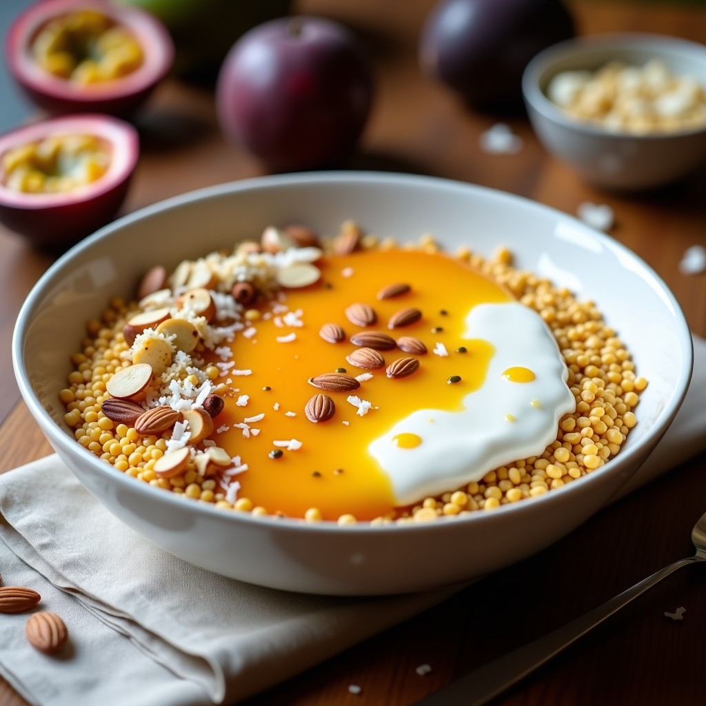 Bowl de desayuno sudafricano con mijo inflado crujiente, yogur de soja cremoso, pulpa de granadilla amarilla y semillas de calabaza y almendras tostadas. Plato colorido y nutritivo sobre fondo rústico de madera.