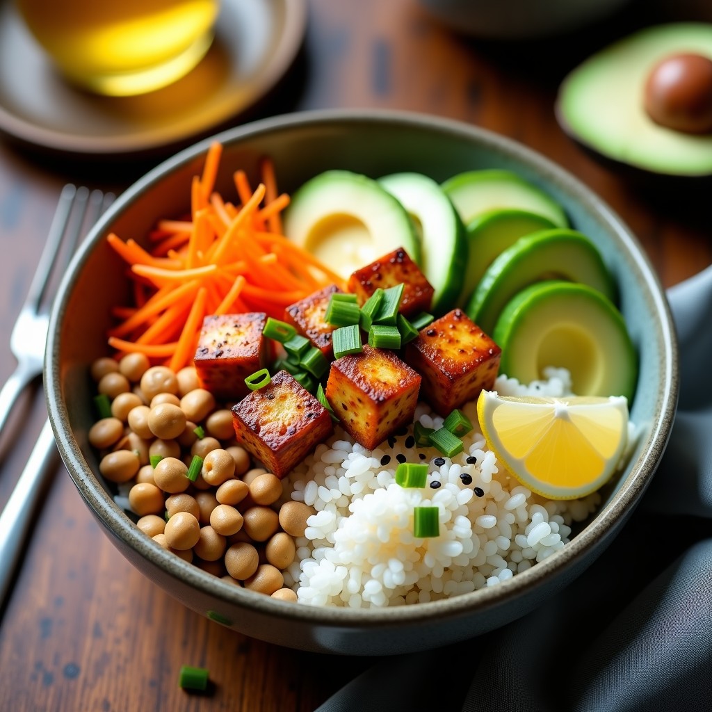 Bowl colorido con arroz basmati, tofu ahumado dorado en cubos, zanahoria juliana, pepino, aguacate y semillas de sésamo, receta de bowl de miso y tofu ahumado en airfryer.