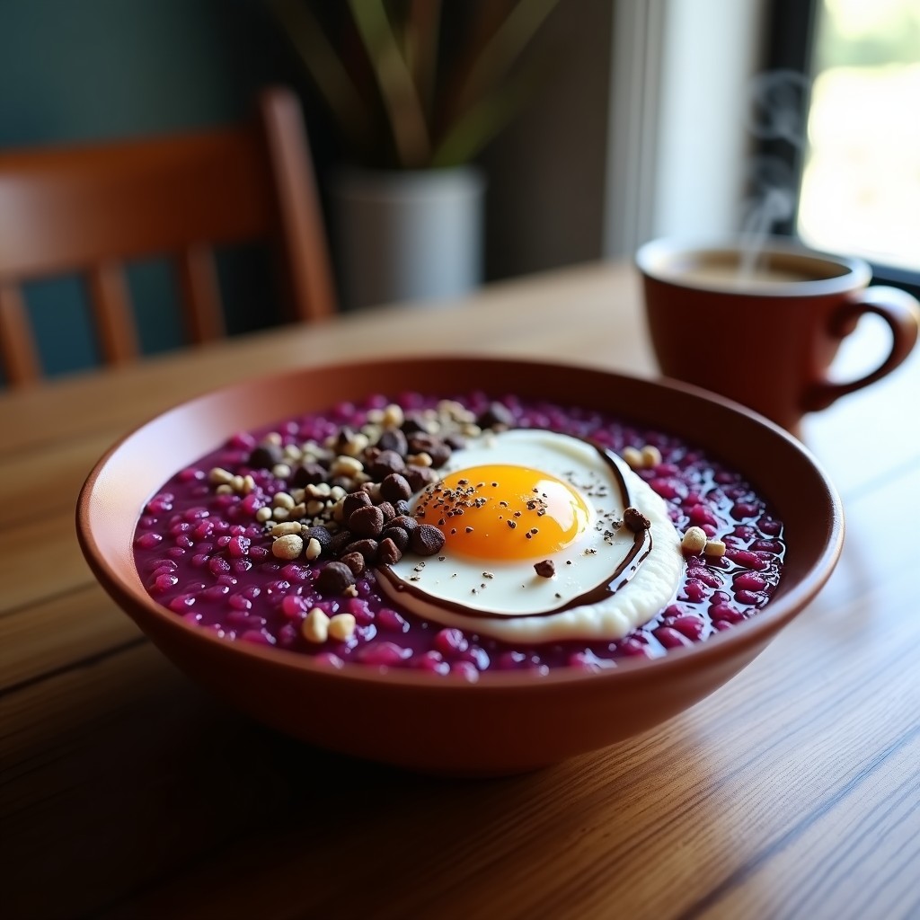 Bowl vibrante morado con quinoa, remolacha macerada en café, crema de cacao y nueces de Brasil picadas, servido en un cuenco de barro con semillas de chía espolvoreadas.