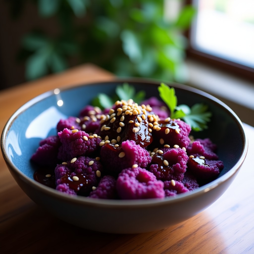 Bowl morado vibrante con coliflor y remolacha asadas en airfryer, aderezo umami de tahini y soja negra, decorado con semillas de sésamo y cilantro fresco.