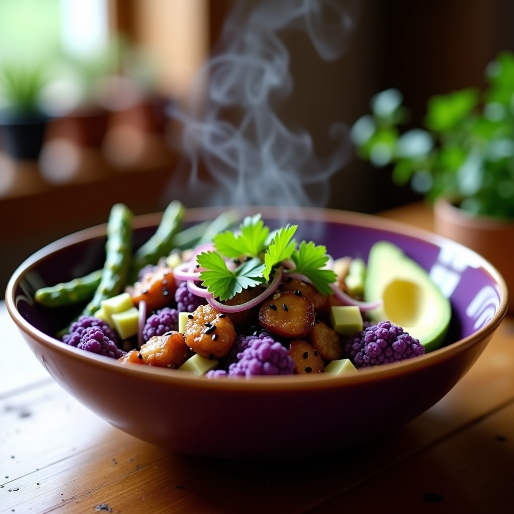 Bowl de coliflor morada asada y hongos shiitake dorados en airfryer, decorado con aguacate, espárragos trigueros, semillas de sésamo negro y cilantro fresco, receta umami y sin gluten.