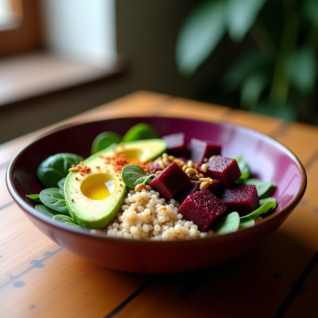 Bowl colorido con base de espinacas, quinoa blanca esponjosa, cubos de remolacha ahumada dorada, aguacate en trozos, semillas de cáñamo y girasol, bañado con aderezo cremoso de tahini y limón, receta antiinflamatoria vegana.