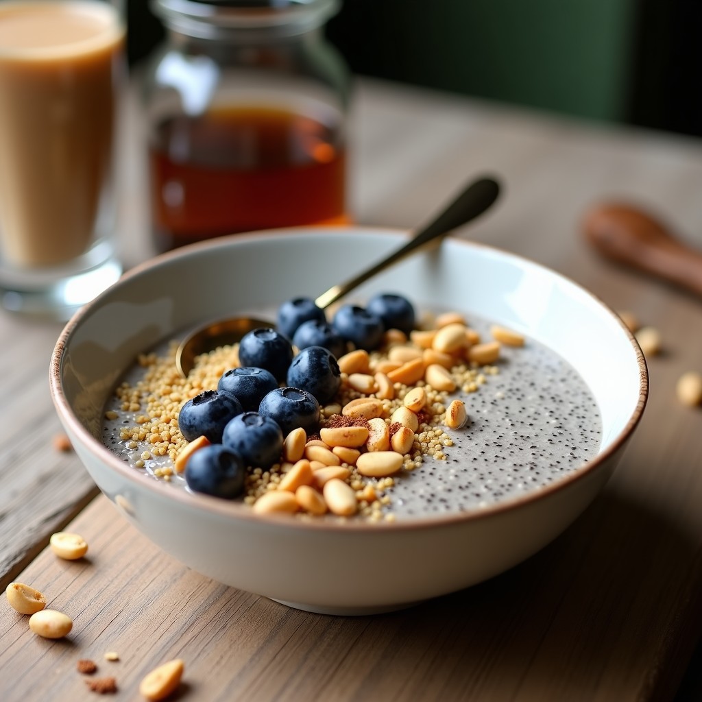 Bowl de desayuno energético con quinoa inflada, semillas de chía remojadas en leche vegetal con café, decorado con arándanos frescos, anacardos tostados y un toque de canela, servido en un plato blanco sobre fondo rústico.