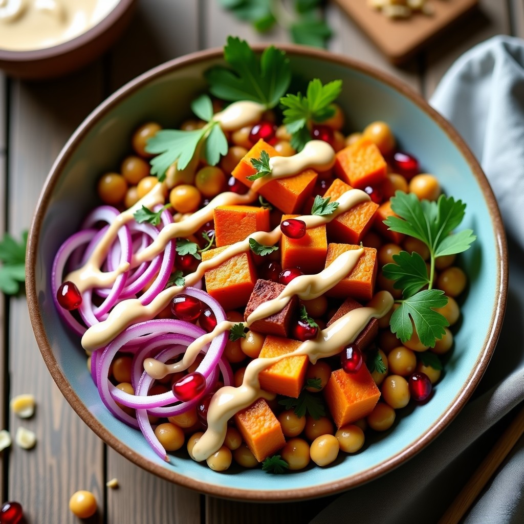 Bowl colorido con base de garbanzos, cubos de boniato asado dorado, cebolla morada, cilantro fresco, salsa de tahini cremosa, almendras fileteadas tostadas y semillas de granada, típico de la cocina árabe vegana.