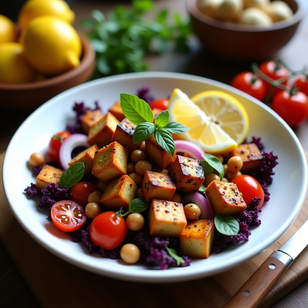 Bowl moruno colorido con berenjena asada dorada, tofu crujiente marinado en especias, garbanzos, cebolla morada, tomate cherry y lechuga morada, decorado con perejil y limón.