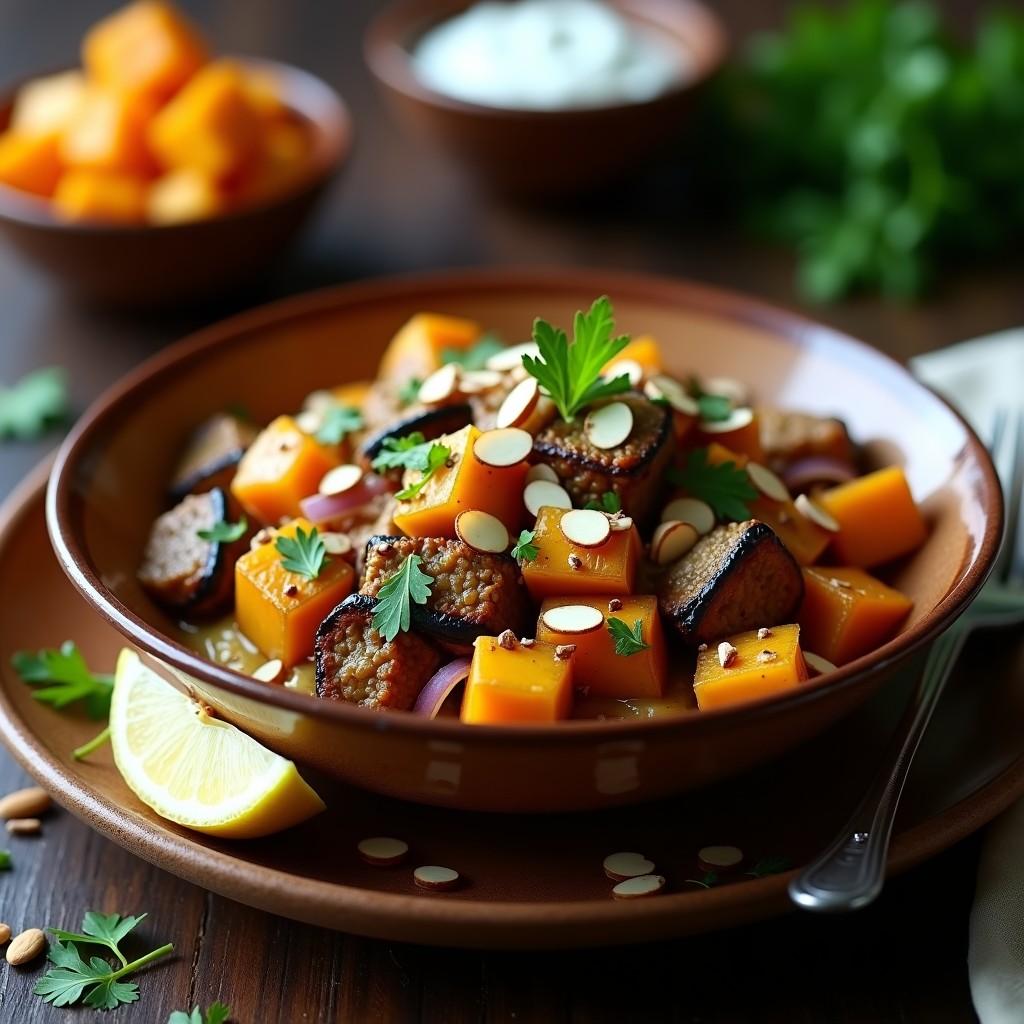 Bowl moruno de berenjena asada y cordero en trozos dorados, especiado con comino y ras el hanout, servido con salsa de yogur griego y almendras tostadas. Receta en airfryer.