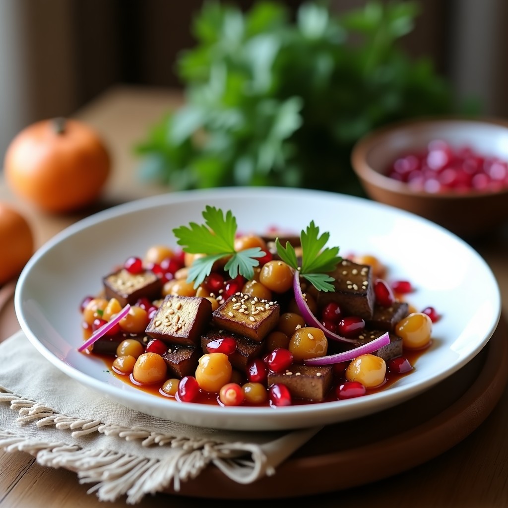 Bowl moruno colorido con berenjena asada dorada, garbanzos crujientes, semillas de granada rojas brillantes, cebolla morada en juliana, perejil fresco y sésamo tostado, servido en plato hondo blanco con fondo rústico.