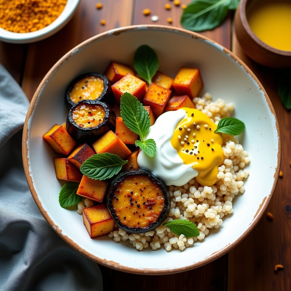 Bowl moruno vegano con berenjena asada dorada, tofu ahumado en cubos, quinoa, aderezo cremoso de yogur y especias, decorado con menta fresca y semillas de sésamo.