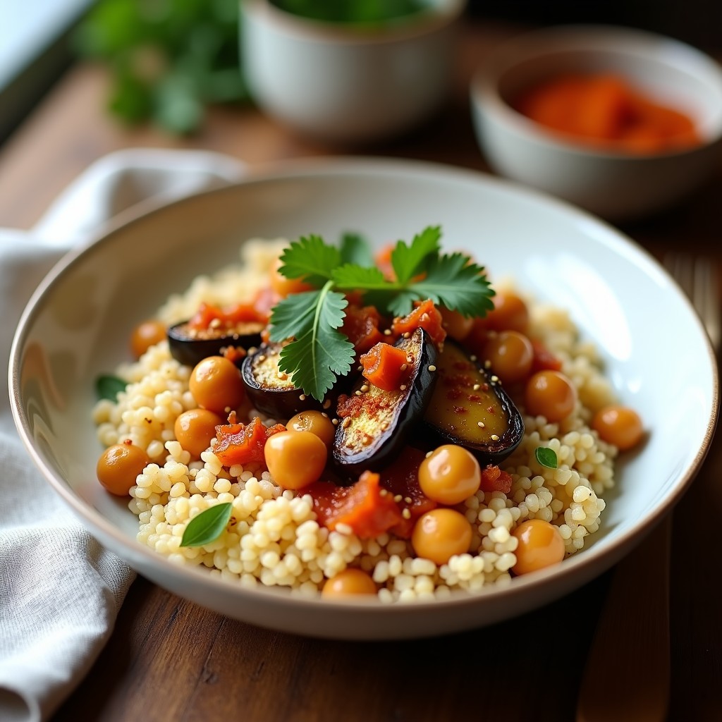 Bowl moruno de cúscus integral con berenjena ahumada, garbanzos crujientes, aliño de yogur con ras el hanout y semillas de sésamo, servido en un plato hondo de cerámica blanca.