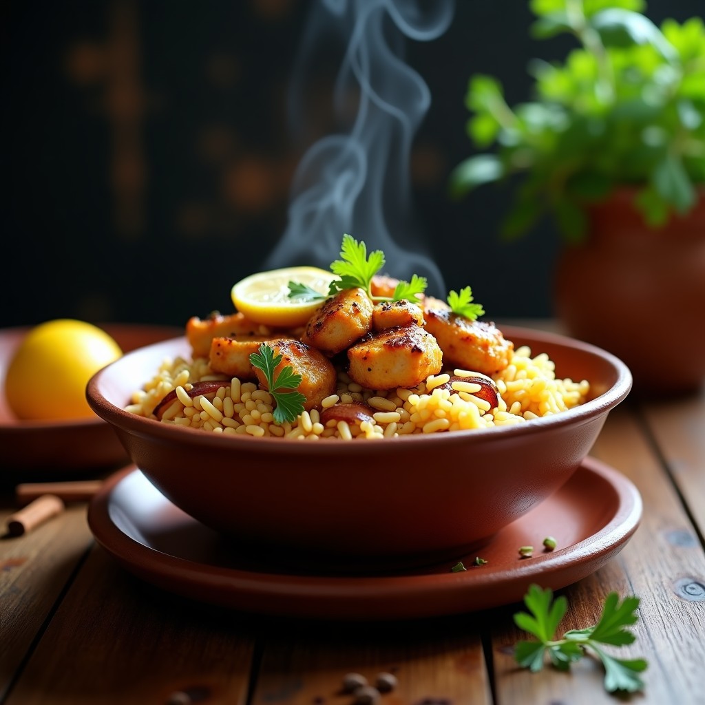 Bowl moruno de pollito y arroz basmati en cuenco de barro, con pollo dorado, arroz esponjoso, almendras fileteadas y cilantro fresco, sobre fondo rústico.