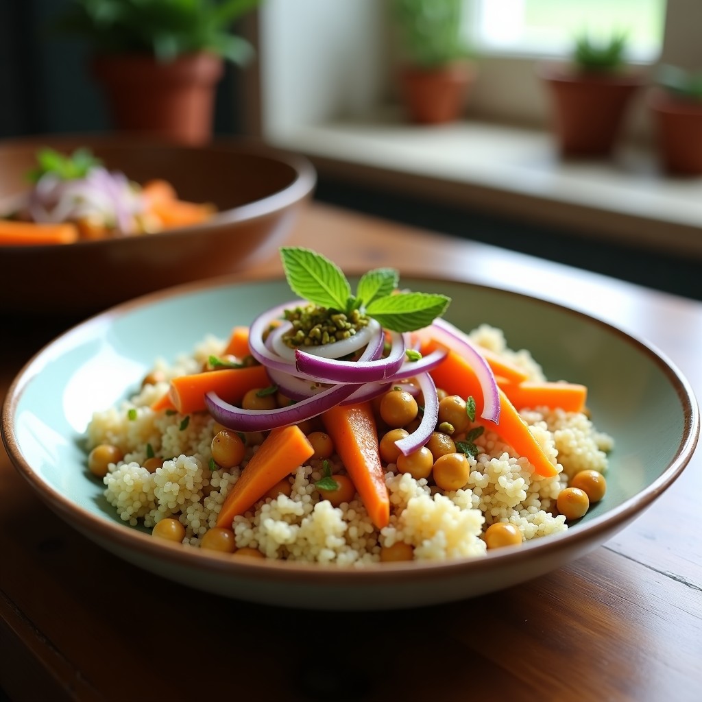 Bowl moruno colorido con quinoa blanca, garbanzos dorados, zanahoria glaseada, cebolla morada y pistachos picados, decorado con aderezo de yogur y menta fresca.