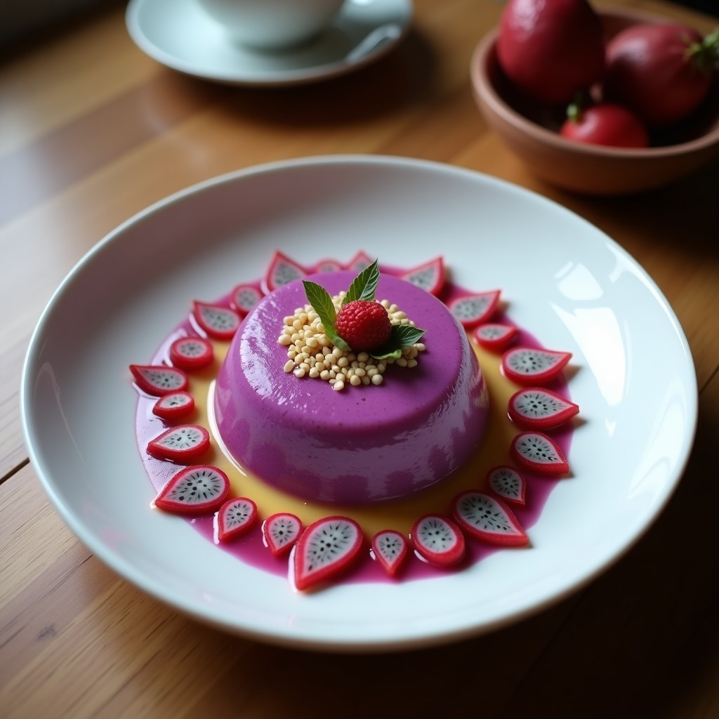 Bowl colorido con capas de chía remojada en leche de coco, yogur griego mezclado con pitahaya rosa, decorado con copos de coco, granos de granada y semillas de pitahaya.