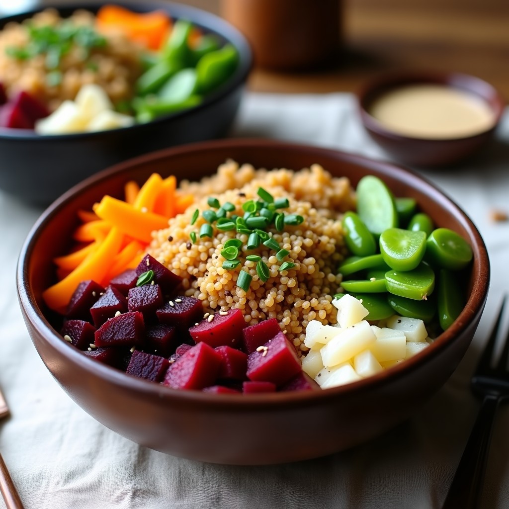 Bowl de poke vegano con remolacha marinada en cubos, quinoa blanca, aguacate en láminas, pepino en juliana, zanahoria morada y cebolla morada, decorado con semillas de sésamo negro y blanco, cilantro fresco y aderezo cremoso de sésamo y lima. Plato colorido y saludable sobre fondo neutro.