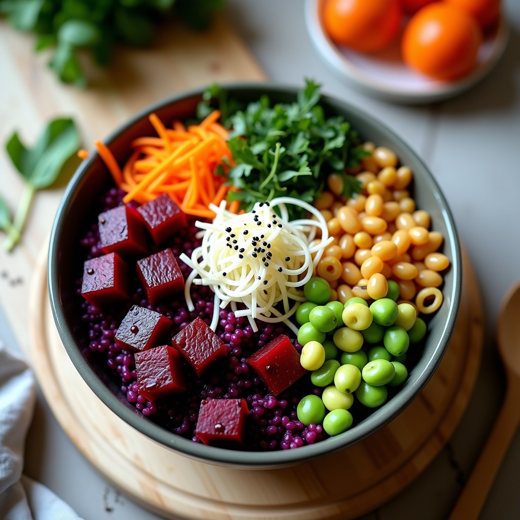 Bowl de poké vegano con remolacha marinada en cubos, edamame entero y triturado, aguacate en láminas, pepino en juliana, zanahoria rallada y cebolla morada, decorado con semillas de sésamo, alga nori y cilantro fresco sobre una base de arroz integral. Plato colorido y fresco, alto en proteína y sin gluten.