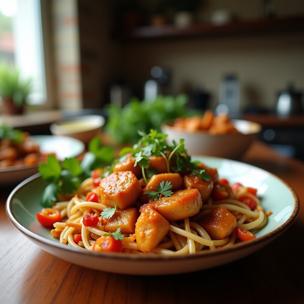 Foto de un bowl de pollo satay con verduras crujientes y salsa de cacahuete, lista para comer, con pollo satay, salsa de cacahuete y verduras frescas