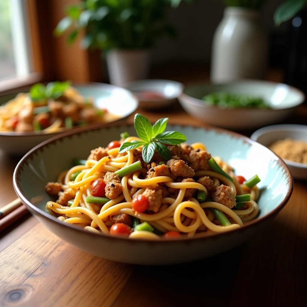Bowl de Pollo Yakisoba con Verduras Crujientes y Salsa de Sésamo: Receta Japonesa Rápida y Saludable