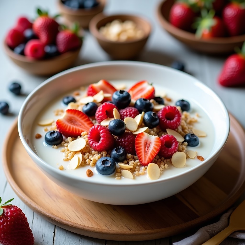 Bowl blanco con base de quinoa y kéfir, coronado con frutos rojos frescos, almendras fileteadas, semillas de chía y coco rallado, receta probiótica saludable.