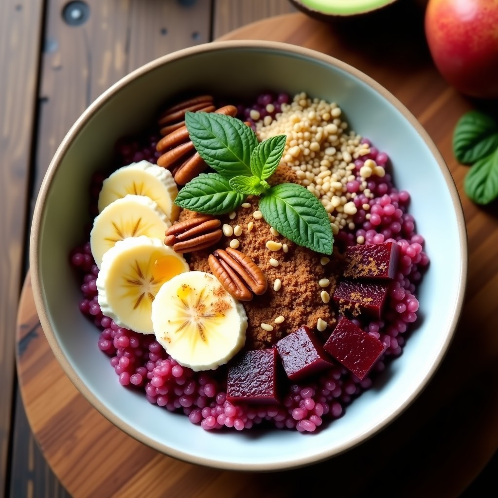 Bowl de desayuno colorido con base de quinoa, kéfir cremoso, cubos de remolacha morada, rodajas de plátano, nueces pecanas tostadas y semillas de chía, decorado con menta fresca y un hilo de miel.