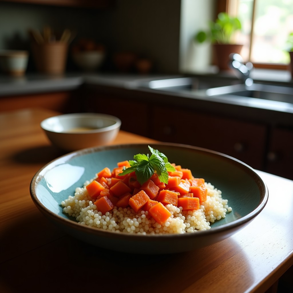 Bowl colorido con quinoa esponjosa, kimchi rojo vibrante, aguacate en cubos, cebolla morada y semillas tostadas, receta probiótica en airfryer.
