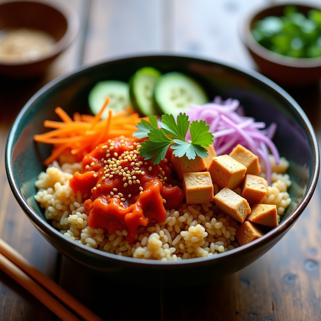 Bowl colorido con arroz integral, tofu dorado, kimchi rojo vibrante, zanahoria naranja, pepino verde y semillas de sésamo, receta probiótica coreana vegana.