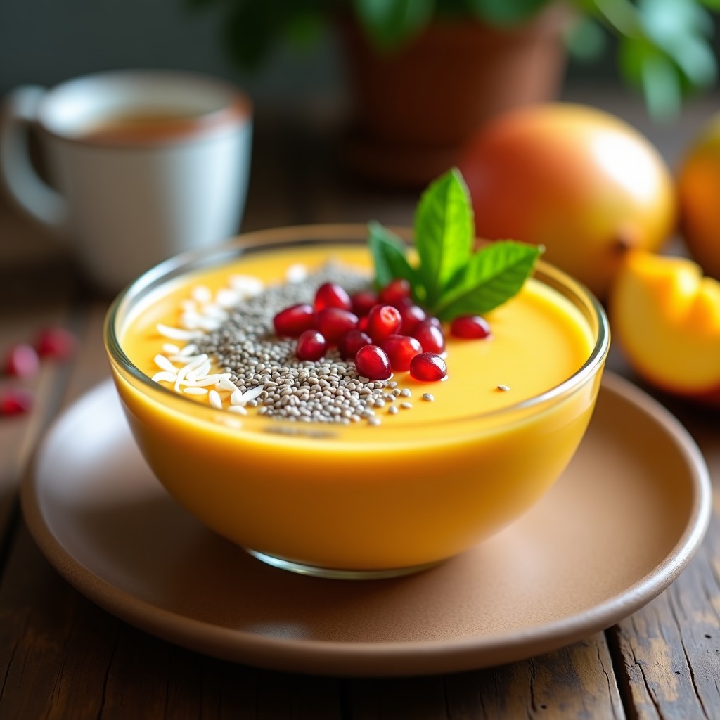 Bowl de vidrio transparente con mezcla cremosa de kombucha y mango, decorado con semillas de chía, coco rallado, granada y hojas de menta. Receta probiótica y energética.