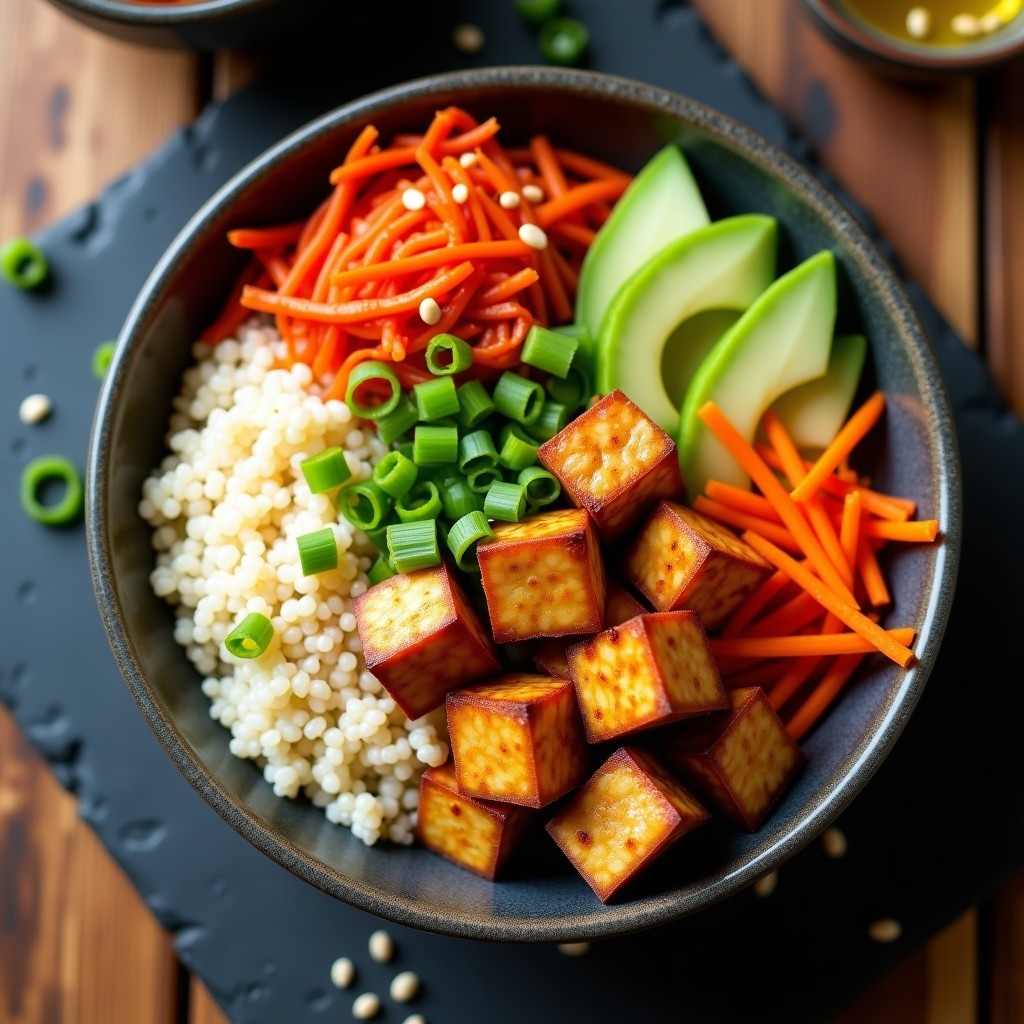 Bowl colorido con quinoa blanca, kimchi rojo, tofu ahumado dorado, aguacate en cubos, zanahoria juliana y semillas de sésamo, receta probiótica express.