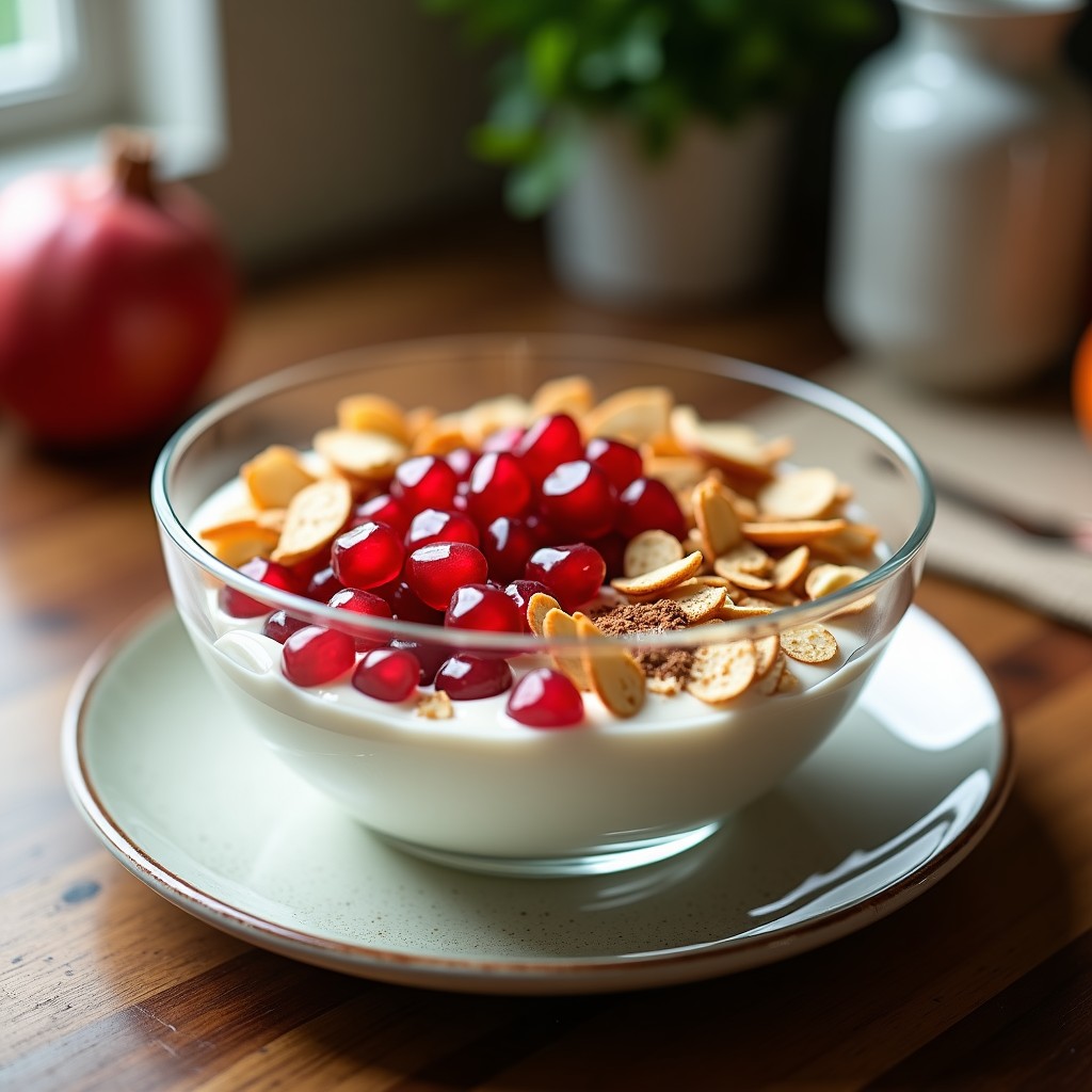 Bowl de cristal transparente con capas de yogur griego cremoso, semillas de granada rojas brillantes, copos de avena dorados, almendras tostadas y un hilo de miel, sobre fondo de madera rústica. Receta de bowl probiótico de yogur griego y granada.