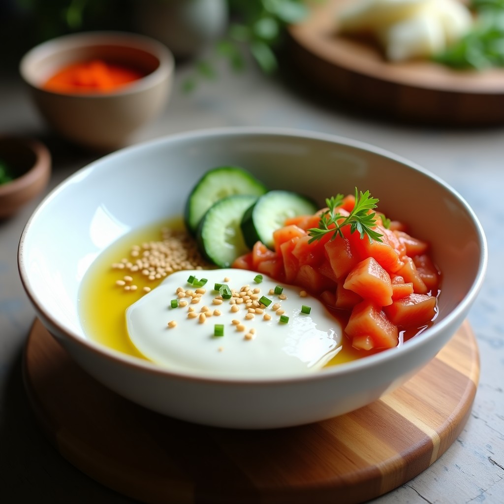 Bowl probiótico con yogur griego cremoso, kimchi rojo fermentado, cubos de pepino fresco, semillas de sésamo tostadas y cebollino picado, servido en un bol de cerámica blanca.
