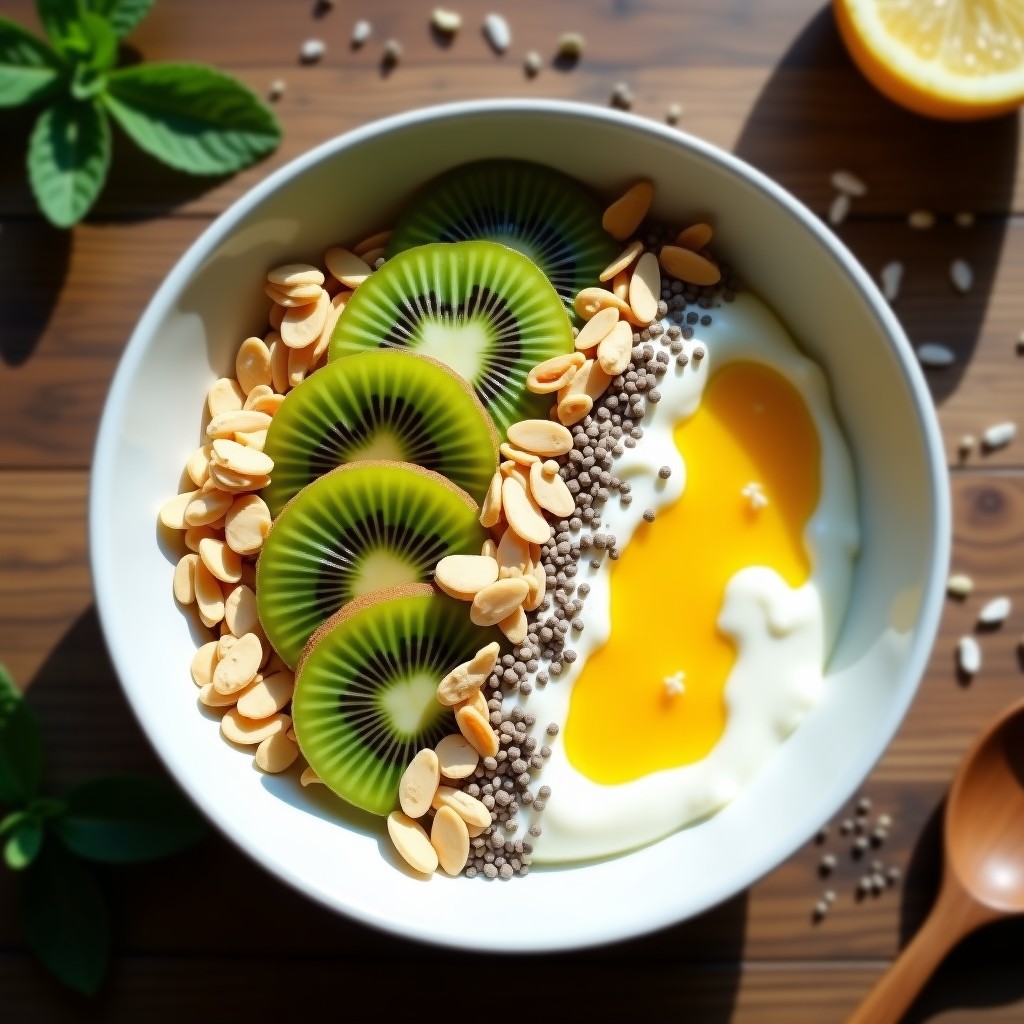 Bowl blanco con capas de yogur griego cremoso, rodajas de kiwi verde, pulpa de maracuyá amarilla, granola crujiente, semillas de chía, coco rallado y almendras fileteadas, decorado con un hilo de miel. Receta de bowl probiótico digestivo.