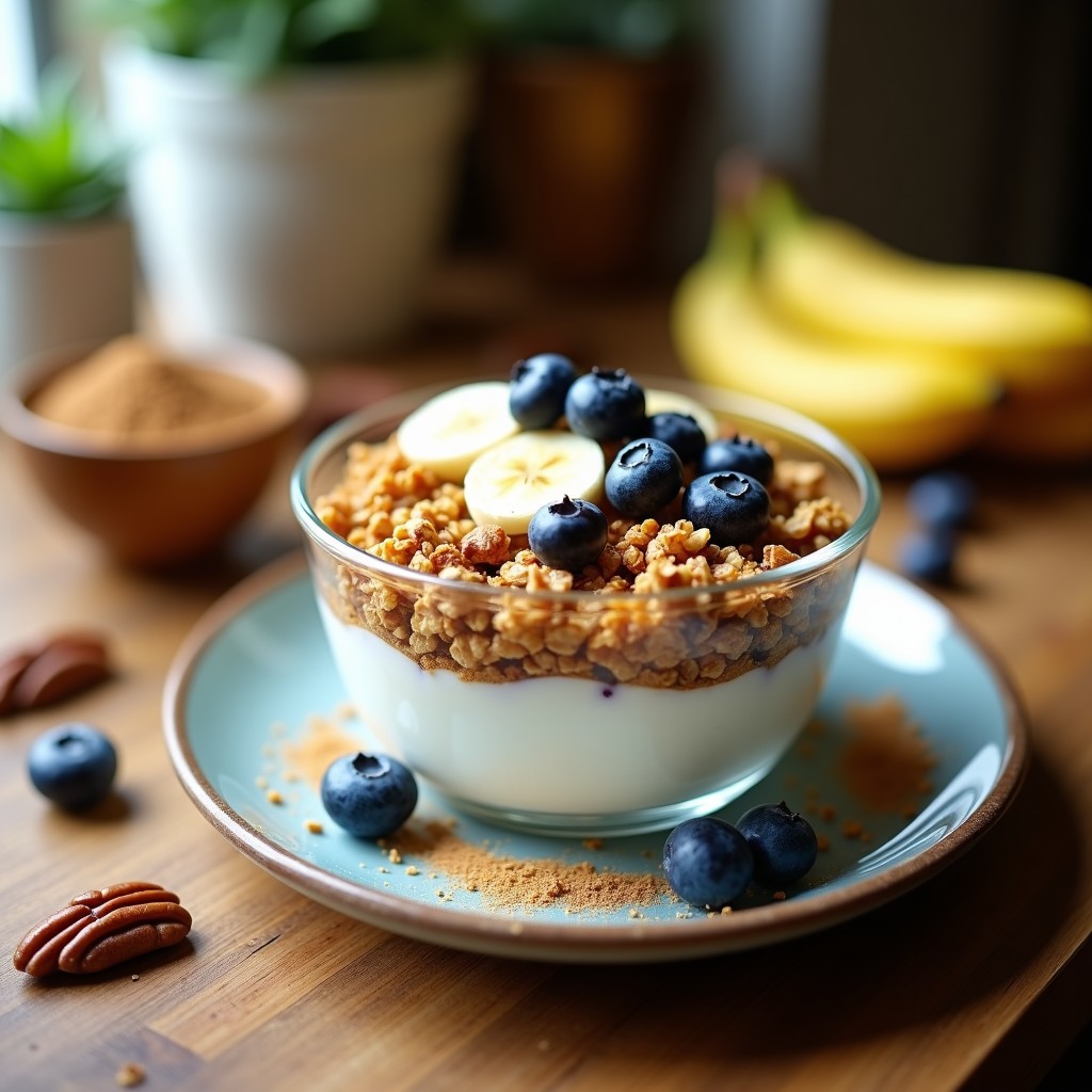 Bowl de cristal transparente con capas de yogur griego cremoso, kéfir líquido, granola dorada crujiente, rodajas de plátano y arándanos frescos, receta probiótica y energética.