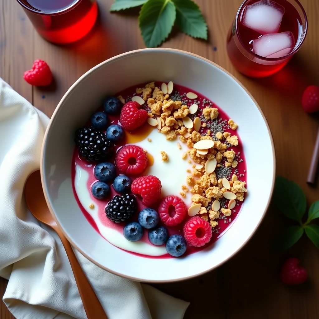 Bowl de desayuno probiótico con yogur griego cremoso, kombucha burbujeante, frutos rojos frescos, granola crujiente y semillas de chía, decorado con miel de agave y coco rallado.