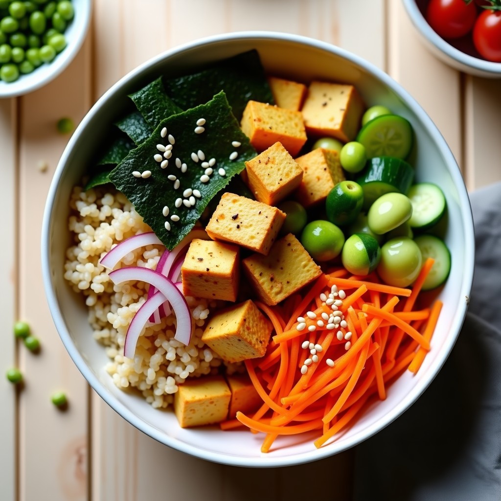 Bowl colorido con base de arroz integral, tofu dorado crujiente, algas nori en tiras, aguacate, zanahoria, pepino y semillas de sésamo, receta bowl proteico con algas nori y tofu.
