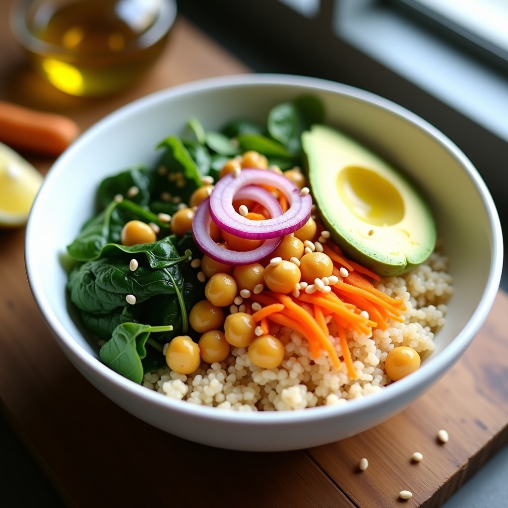 Bowl colorido con quinoa esponjosa, garbanzos dorados con cúrcuma, espinacas frescas, zanahoria rallada, cebolla morada, aguacate en cubos y semillas de sésamo, receta vegana alta en proteína.