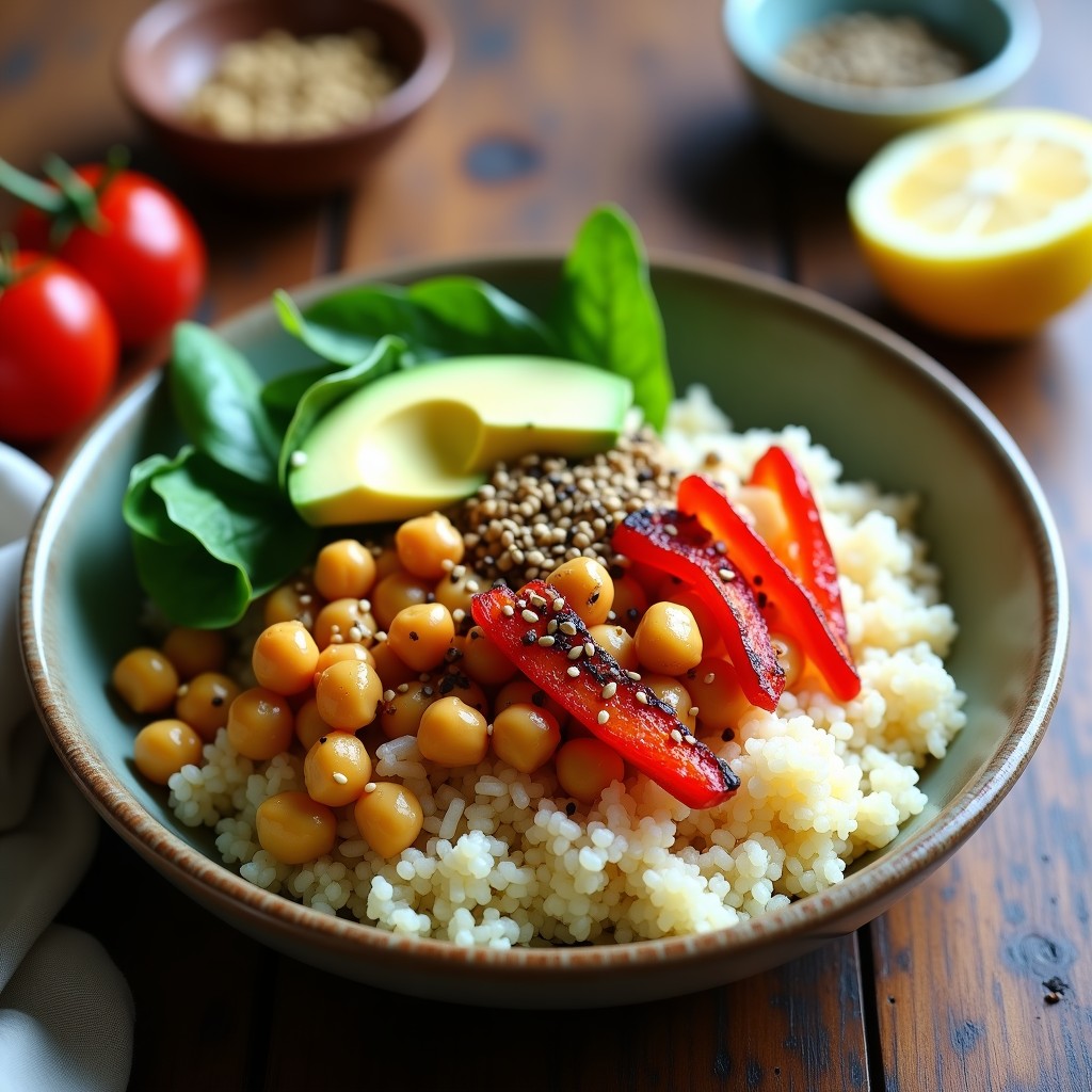 Bowl colorido con quinoa, garbanzos dorados al horno, pimiento rojo asado, cebolla morada, espinacas frescas, aguacate en cubos y semillas de sésamo, receta vegana alta en proteína.