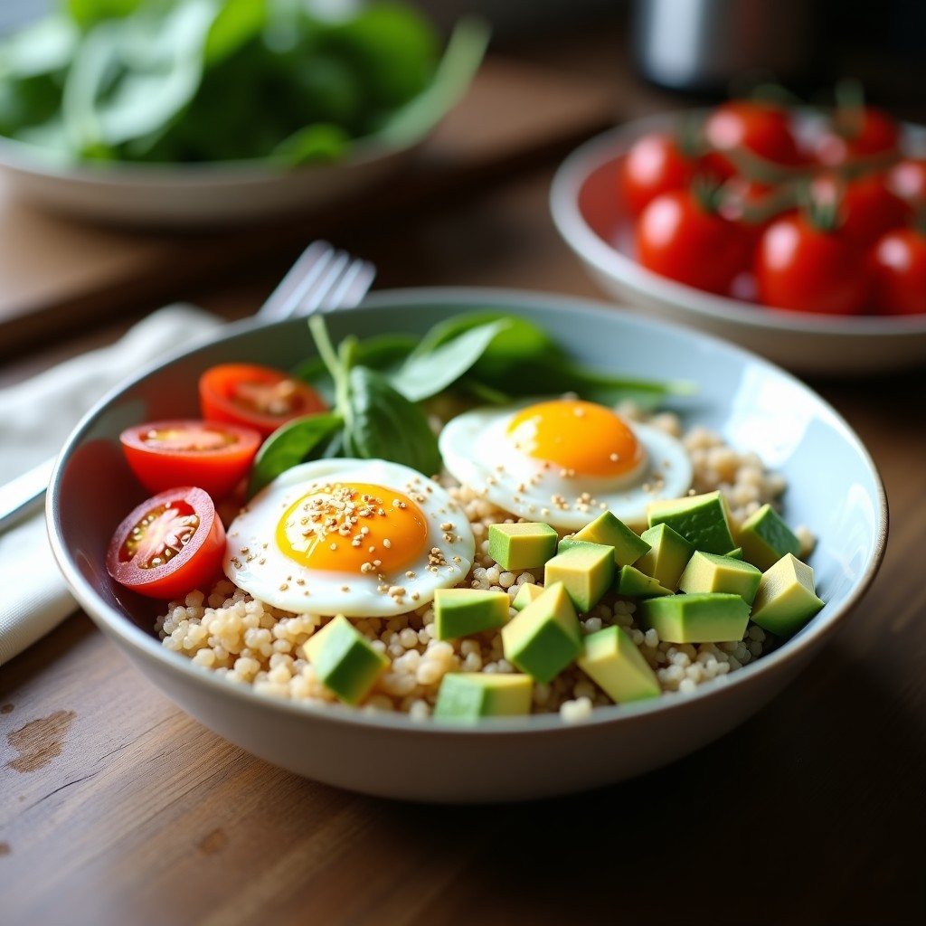 Bowl de quinoa blanca con huevo poché, espinacas frescas, aguacate en cubos, tomates cherry y semillas de sésamo tostadas, receta alta en proteína.