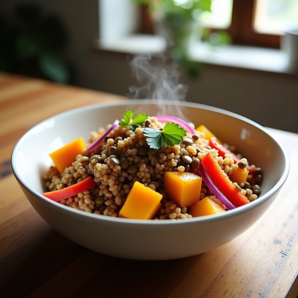 Bowl de cerámica blanca con quinoa, lentejas, calabaza asada, pimiento rojo y cebolla morada, espolvoreado con semillas de girasol y perejil fresco, receta proteica al horno.