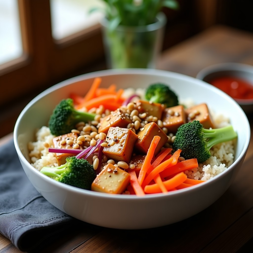 Bowl colorido con base de arroz basmati, tofu dorado crujiente, brócoli, zanahoria, cebolla morada y pimiento rojo, bañado en salsa teriyaki cremosa con cacahuete y decorado con semillas de sésamo.