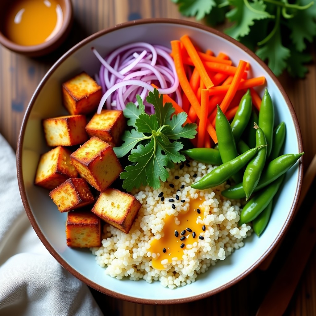 Bowl colorido con base de quinoa blanca, tofu dorado en cubos, edamame verde, pimiento rojo, zanahoria rallada y cebolla morada. Decorado con semillas de sésamo negro y rúcula fresca, bañado en salsa de sésamo y limón.