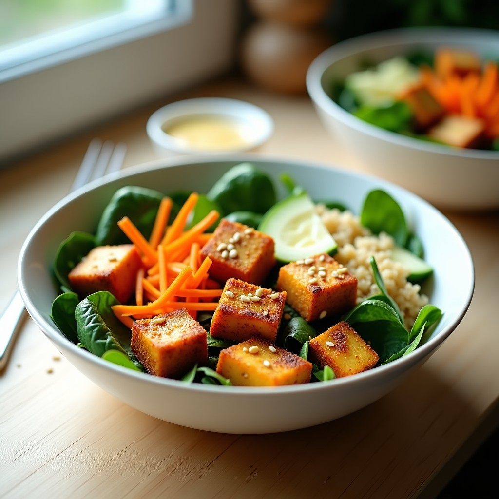 Bowl colorido con base de quinoa, espinacas frescas, tofu dorado crujiente, zanahoria rallada y pepino, coronado con semillas de sésamo y aderezo cremoso de tahini, receta bowl proteico de tofu y espinacas en airfryer.