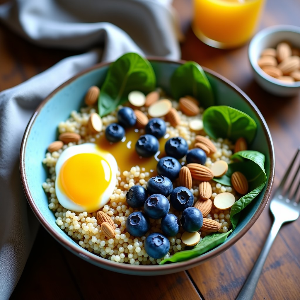 Bowl de Quinoa y Arándanos con Vinagreta de Mostaza y Miel: Desayuno Vegano y Energético en 10 Minutos