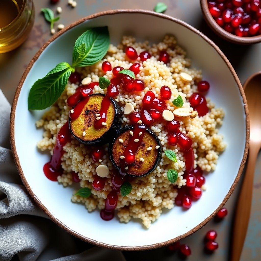 Bowl de Quinoa con Berenjena Asada y Salsa de Granadina: Receta Iraní Vegana y Sin Gluten