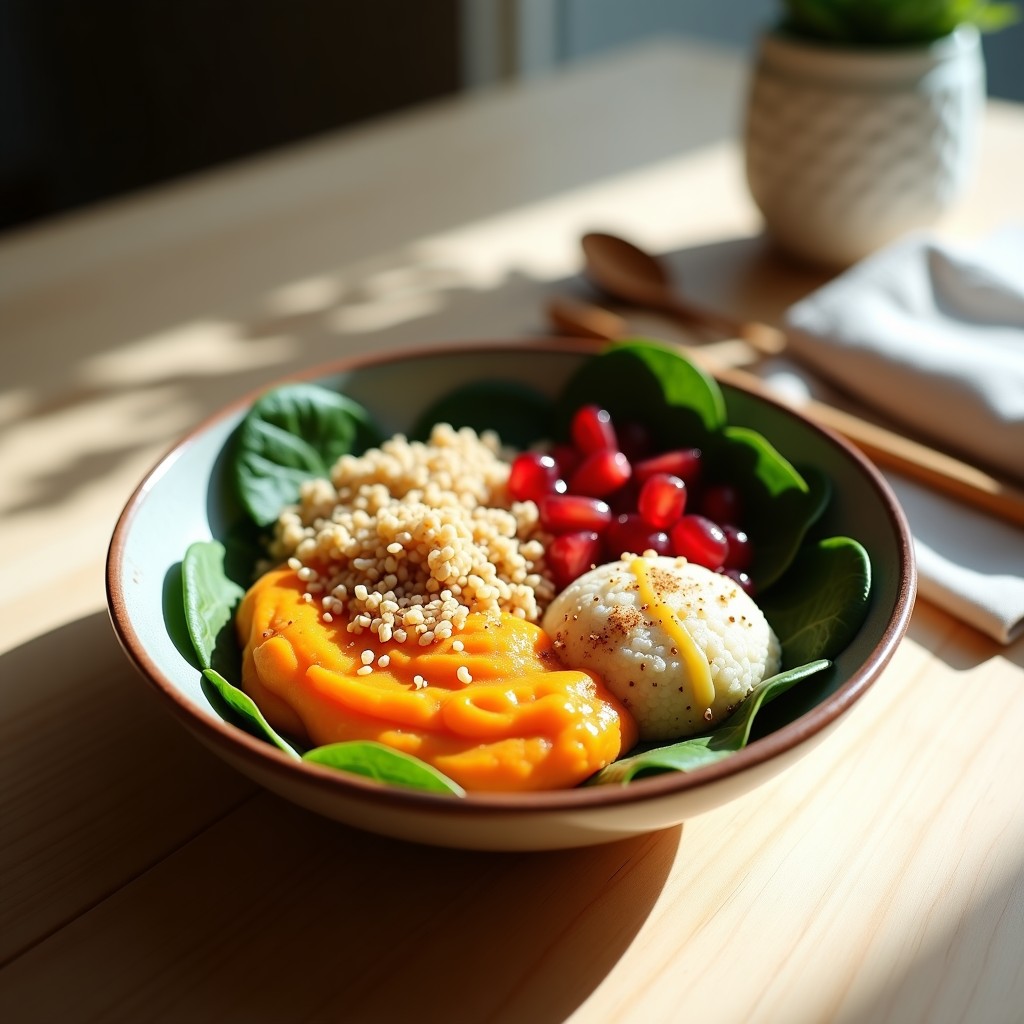 Bowl colorido con base de espinacas frescas, capa de puré de boniato naranja, quinoa blanca esponjosa, aderezo cremoso de cacahuete y toppings de semillas de sésamo y granada. Plato saludable, alto en proteína y sin gluten, servido en un bol de cerámica rústica sobre fondo claro.