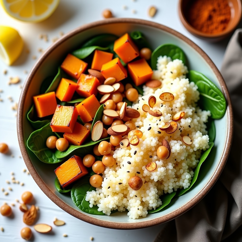 Bowl colorido con quinoa esponjosa, calabaza asada dorada, garbanzos, espinacas frescas, almendras tostadas y semillas de sésamo, decorado con un aderezo cremoso de yogur y miel.