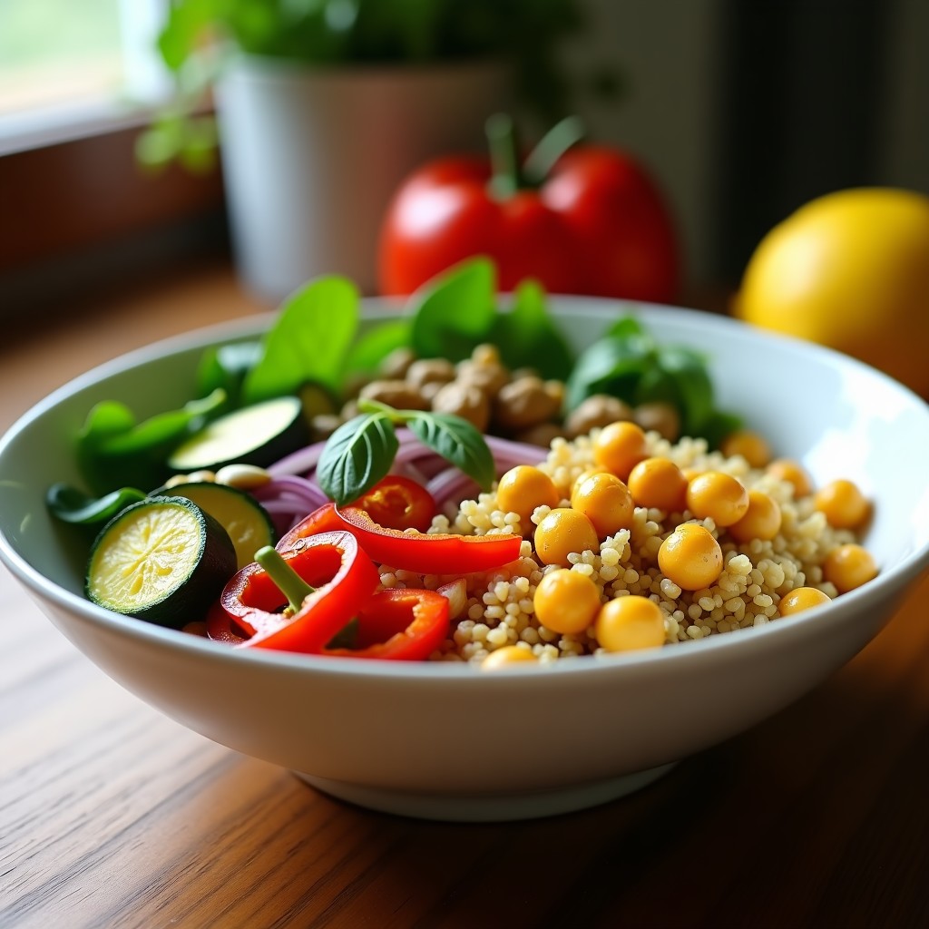 Bowl colorido con quinoa dorada, calabacín, pimiento rojo, cebolla morada y garbanzos, espolvoreado con semillas de girasol y espinacas frescas, receta antiinflamatoria en airfryer.