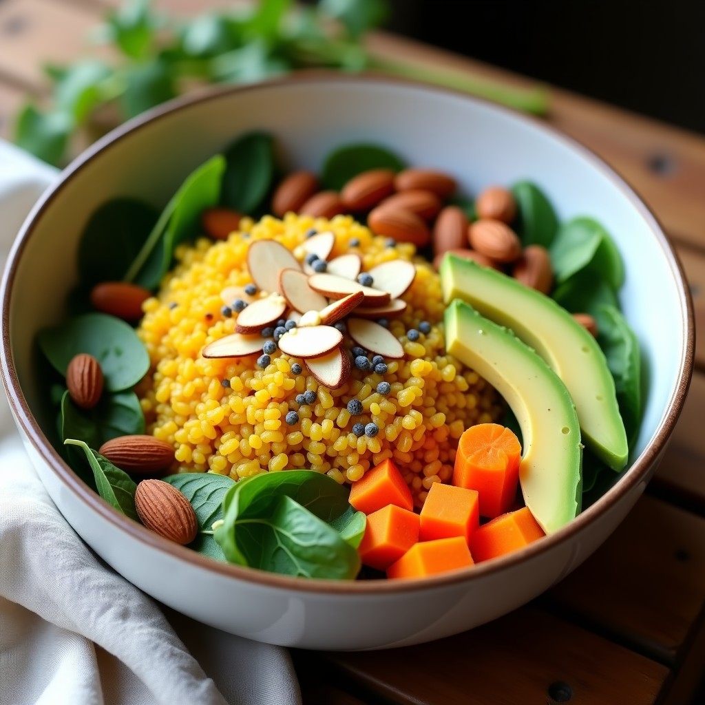 Bowl colorido con quinoa dorada cocida en leche de coco, espinacas frescas, zanahoria rallada, aguacate en cubos, almendras tostadas y semillas de chía, aliñado con limón y aceite de oliva. Receta de bowl de quinoa y cúrcuma energético.