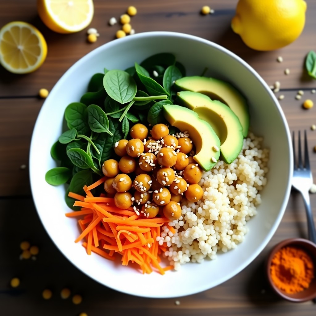Bowl colorido con base de quinoa blanca, garbanzos dorados y ahumados, espinacas verdes, zanahoria rallada naranja y aguacate en cubos, espolvoreado con semillas de sésamo y decorado con gajos de limón, receta alta en proteína y antiinflamatoria.
