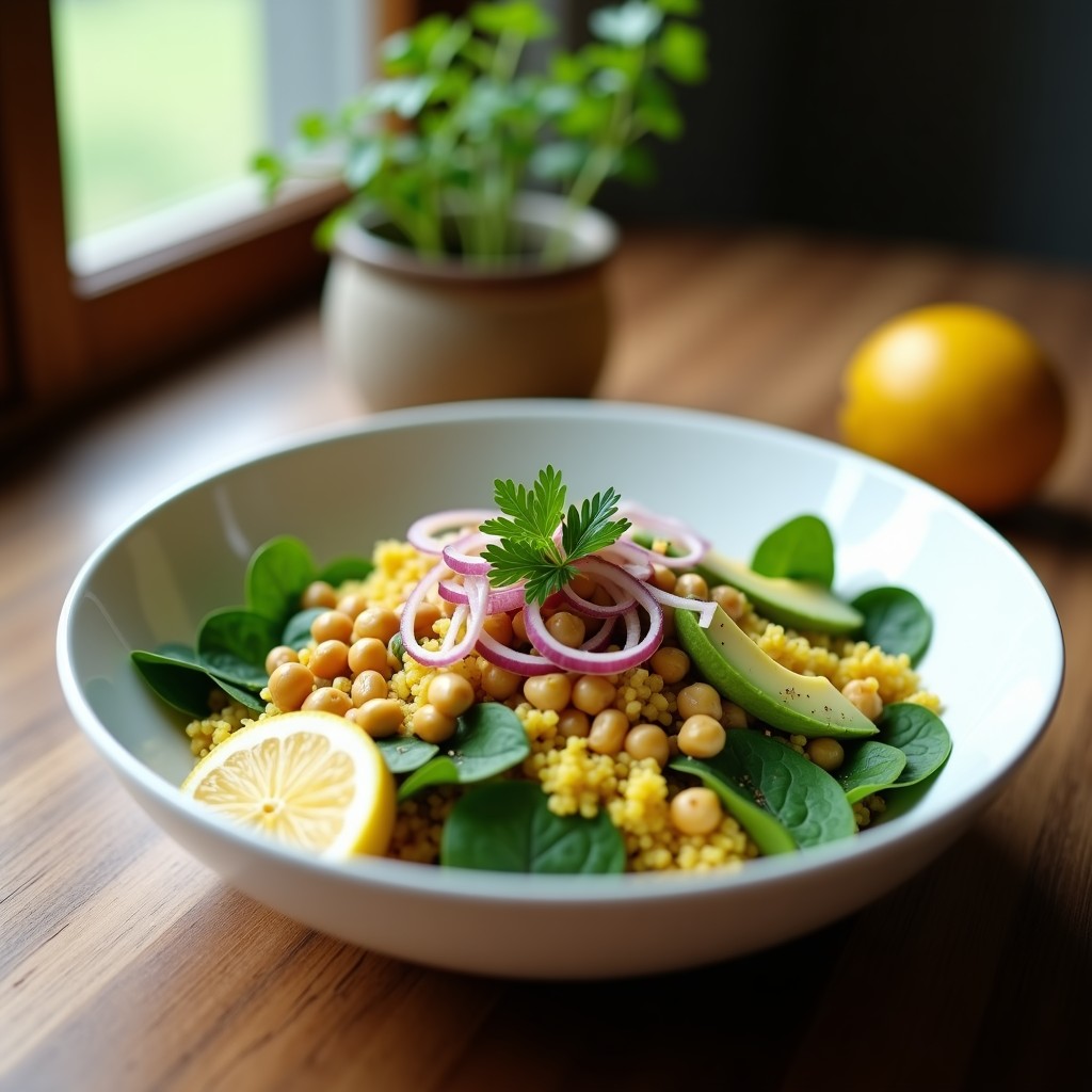 Bowl colorido con quinoa como base, espinacas verdes aliñadas con cúrcuma dorada, garbanzos, aguacate en cubos, cebolla morada, semillas de calabaza tostadas y perejil fresco. Receta alta en hierro y antioxidantes.